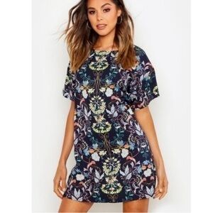 Boohoo All Over Floral Pattern Short Sleeve Shift Mini Dress, Blue, Sz 12
